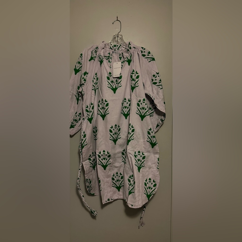 Tuckernuck Caryn Lawn Pippi Mini Dress White Green Print Belted Puff Sleeve OS - Picture 2 of 6